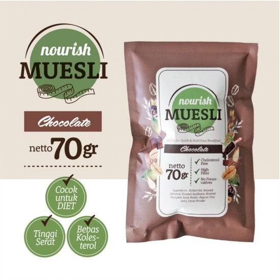 Nourish Muesli Chocolate Bebas Kolesterol Tinggi Serat - 70 Gram