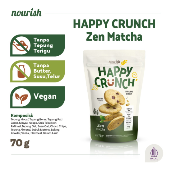 Nourish Happy Crunch Zen Matcha 70 gr - Cookies Sehat Tanpa Telur Tanpa Susu Green Tea