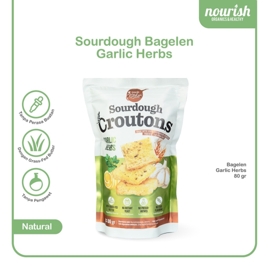 Nourish Sourdough Croutons Garlic Herbs 80 gr - 100% Sourdough, Grass Fed Butter, Tanpa Perasa Buatan